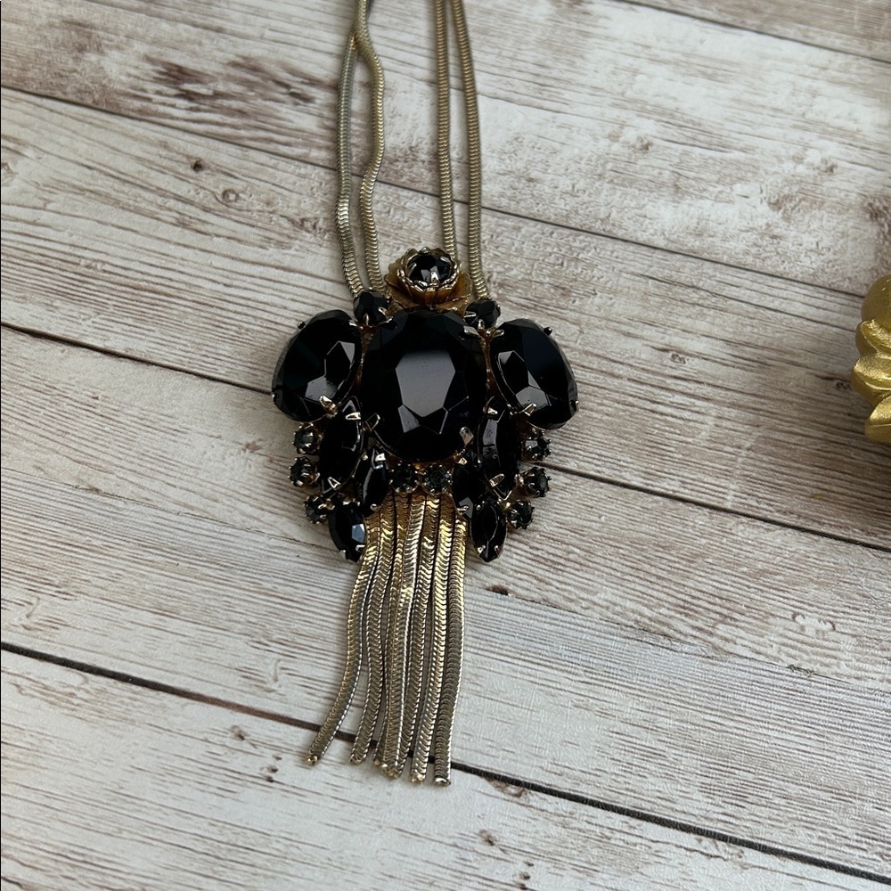 Vintage Juliana? black cabochon and rhinestone necklace with chain fringe